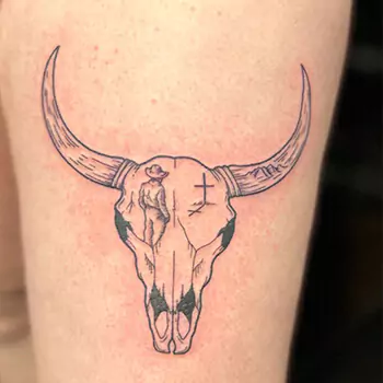 Traditional bull skull tattoo thighs and arms
