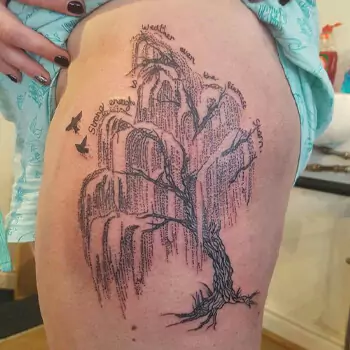 Willow tree blowing in the wind tattoo arms, thighs, legs
