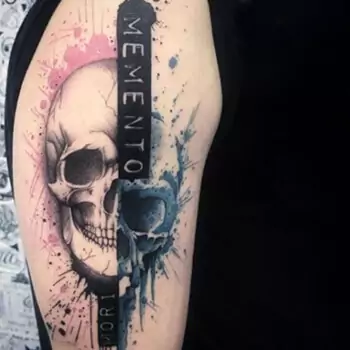 Bright blue and purple Memento Mori tattoo