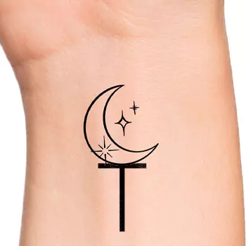Cross Tattoo With A Moon On The Wrist