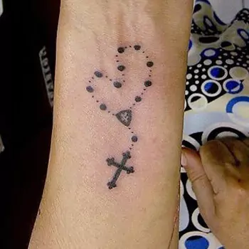 Cross Tattoo With Rosary On The Wrist
