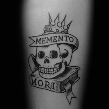 Memento Mori tattoo with book & skull