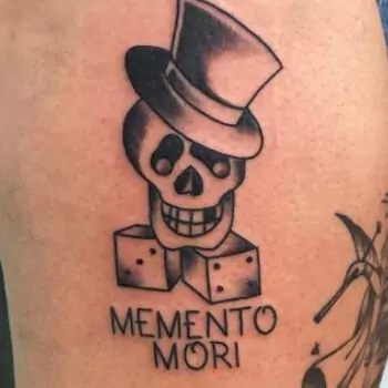 Skeleton playing with skull Memento Mori tattoo